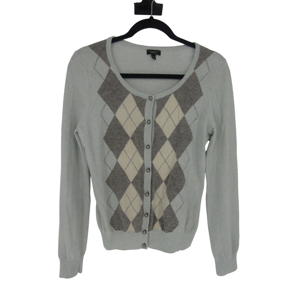 Talbots Argyle Cardigan‎ Size M Light Blue Lambswool Angora Academia Traditional
